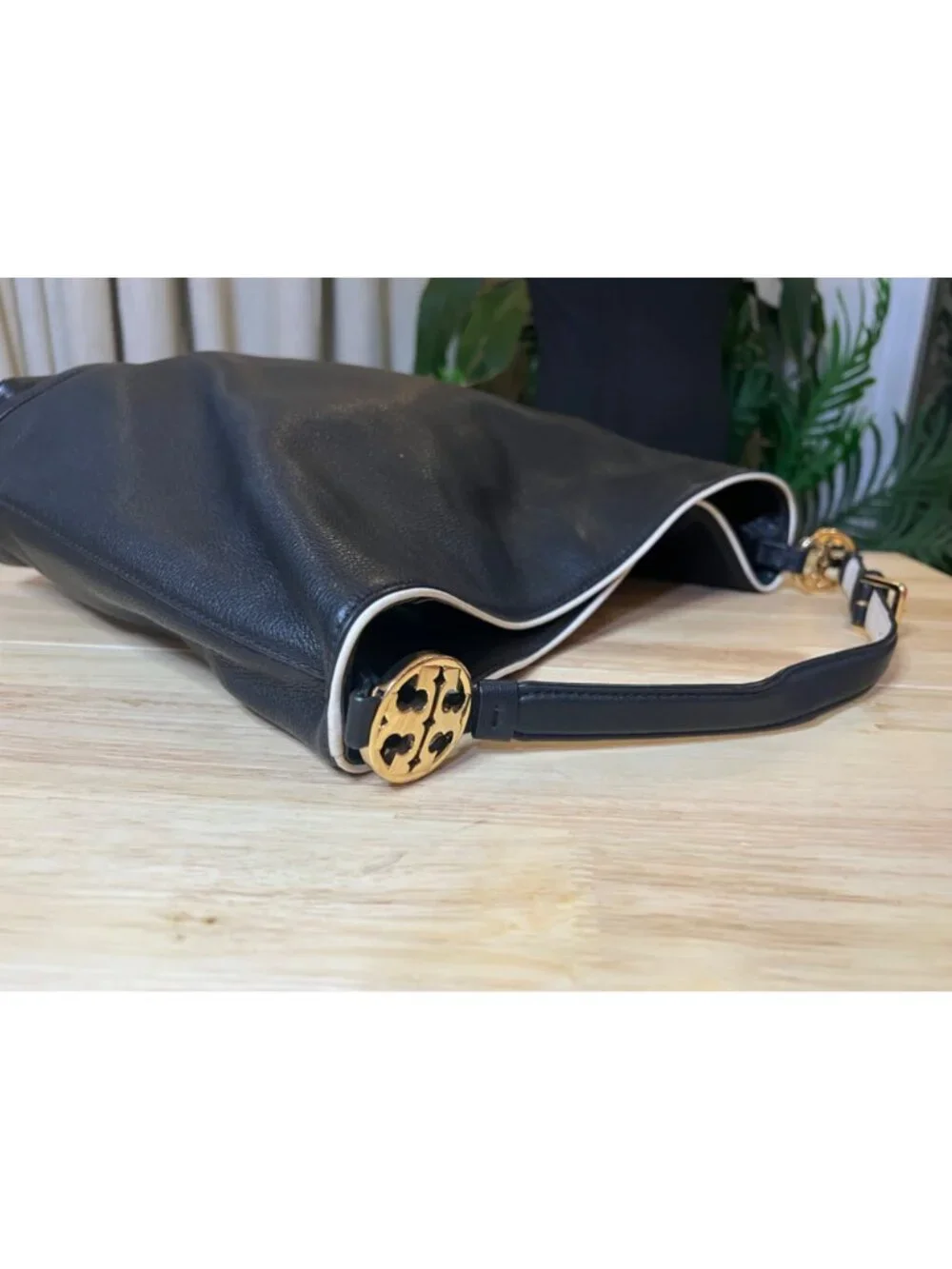AUTHENTIC TORY BURCH Vintage Black Hobo with White Piping!  RARE!